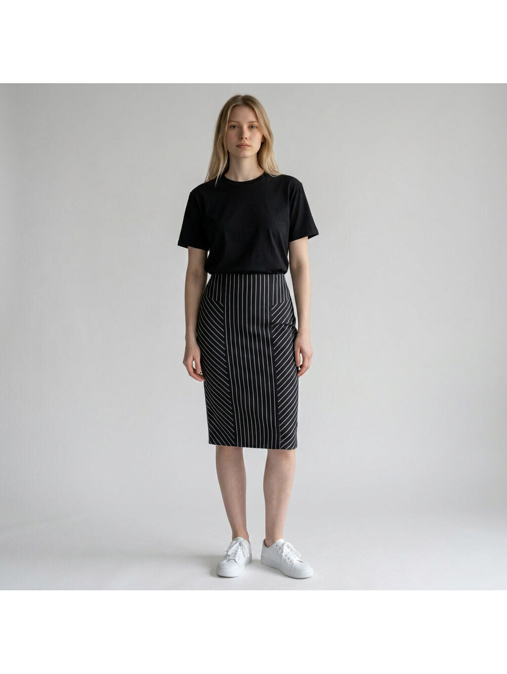 7th Avenue Skirt Women 6 Black Striped Pencil Midi Zipper Mid Rise Casual Rayon